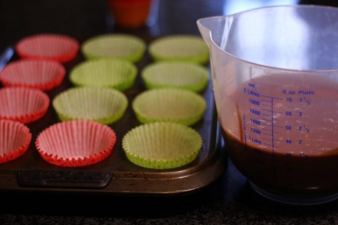 chocolate cupcake batter in a jug