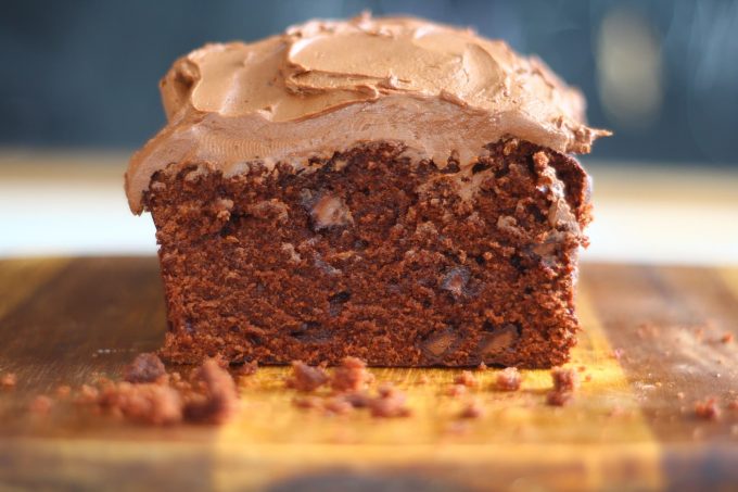 chocolate loaf cake Chocolate Loaf Slice with chocolate chips and chocolate icing