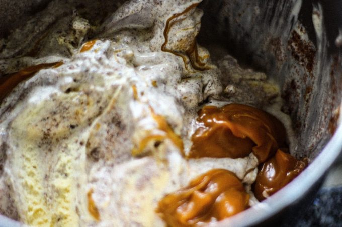 caramel swirls in ice cream cake caramel swirls in an ice cream mixture in a big bowl