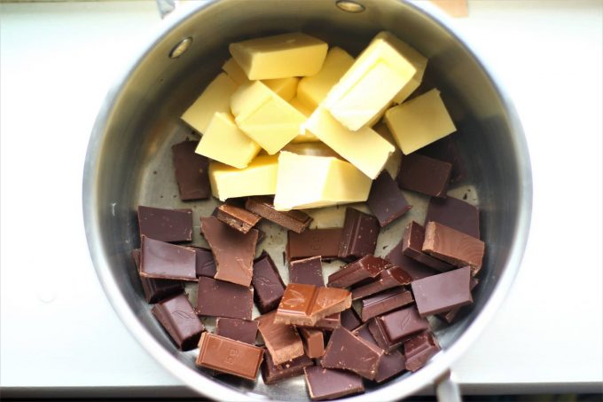 chocolate brownies Milk and Dark Chocolate and Unsalted Butter in a saucepan