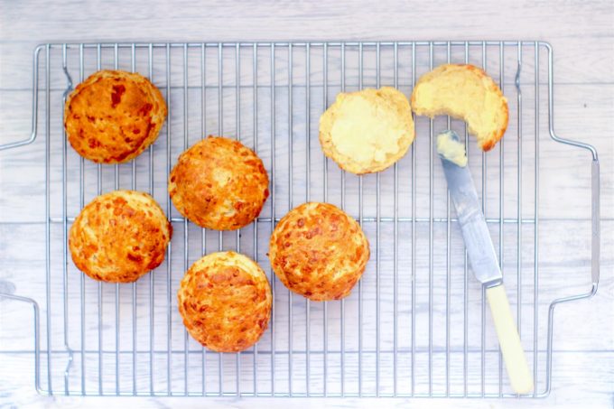cheese scones on a wire rack