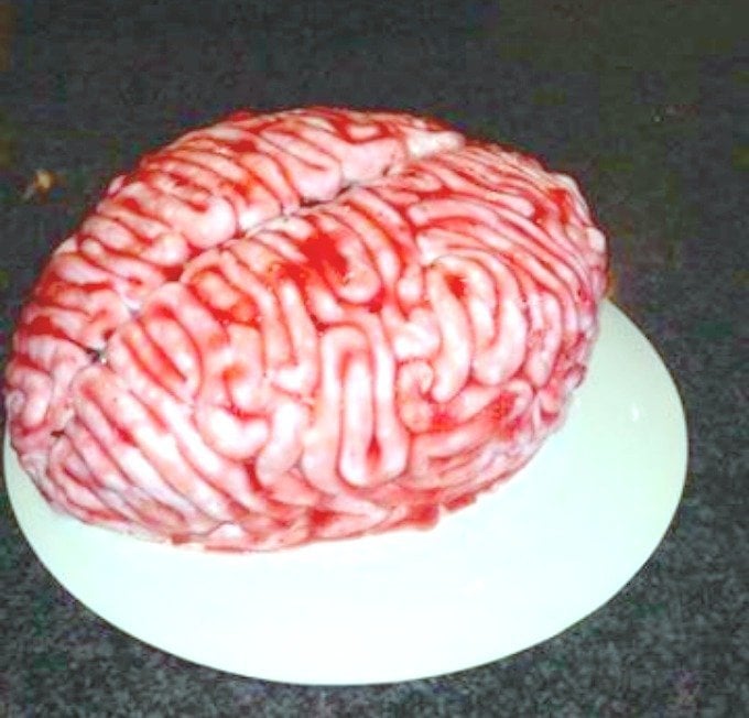 Brain Cake covered in fondant icing and strawberry jam