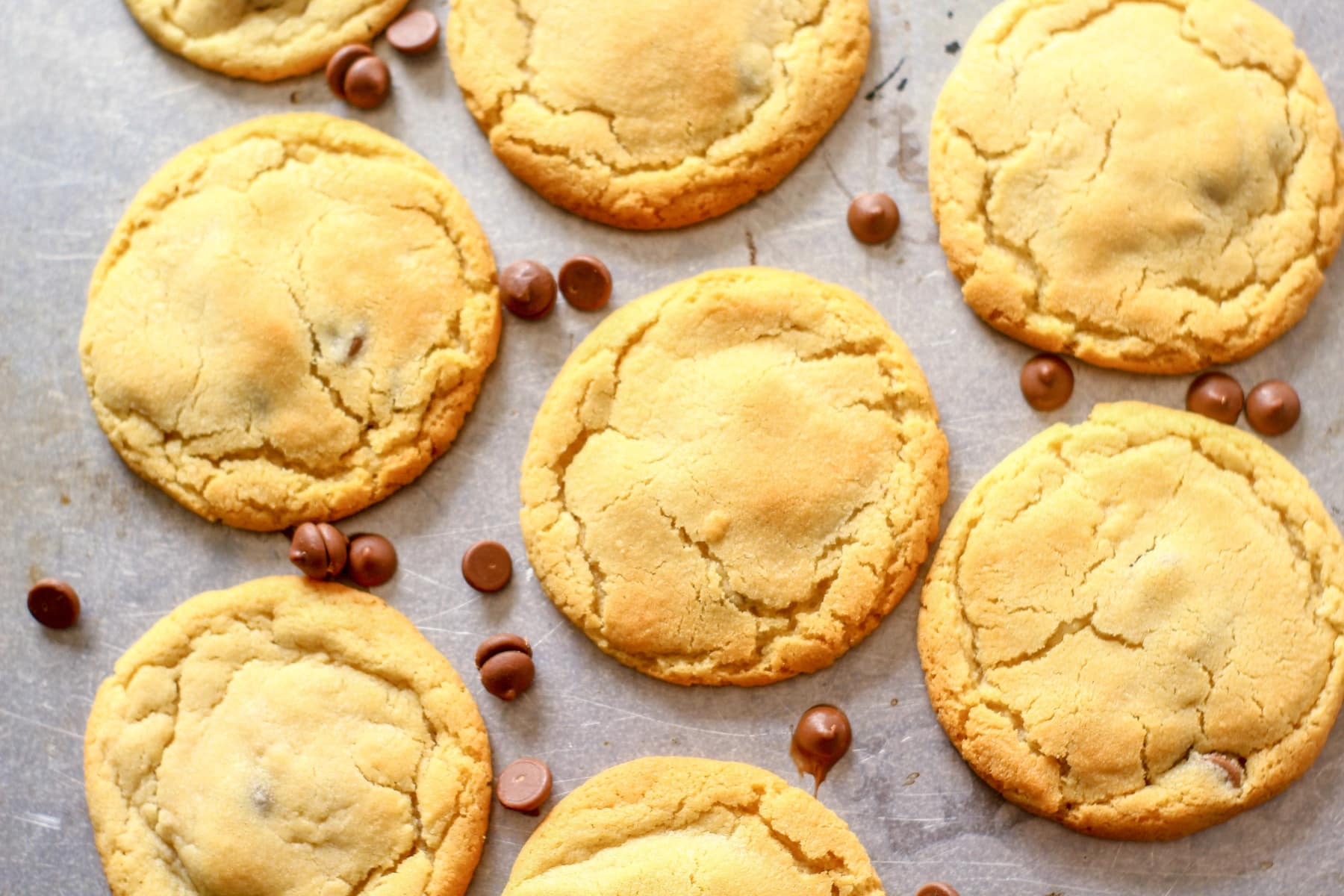 Peanut Butter Chocolate Chip Cookies on a baking tray with chocolate drops