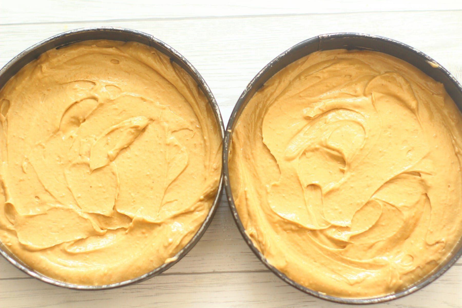 Coffee and walnut cake batter in baking tins