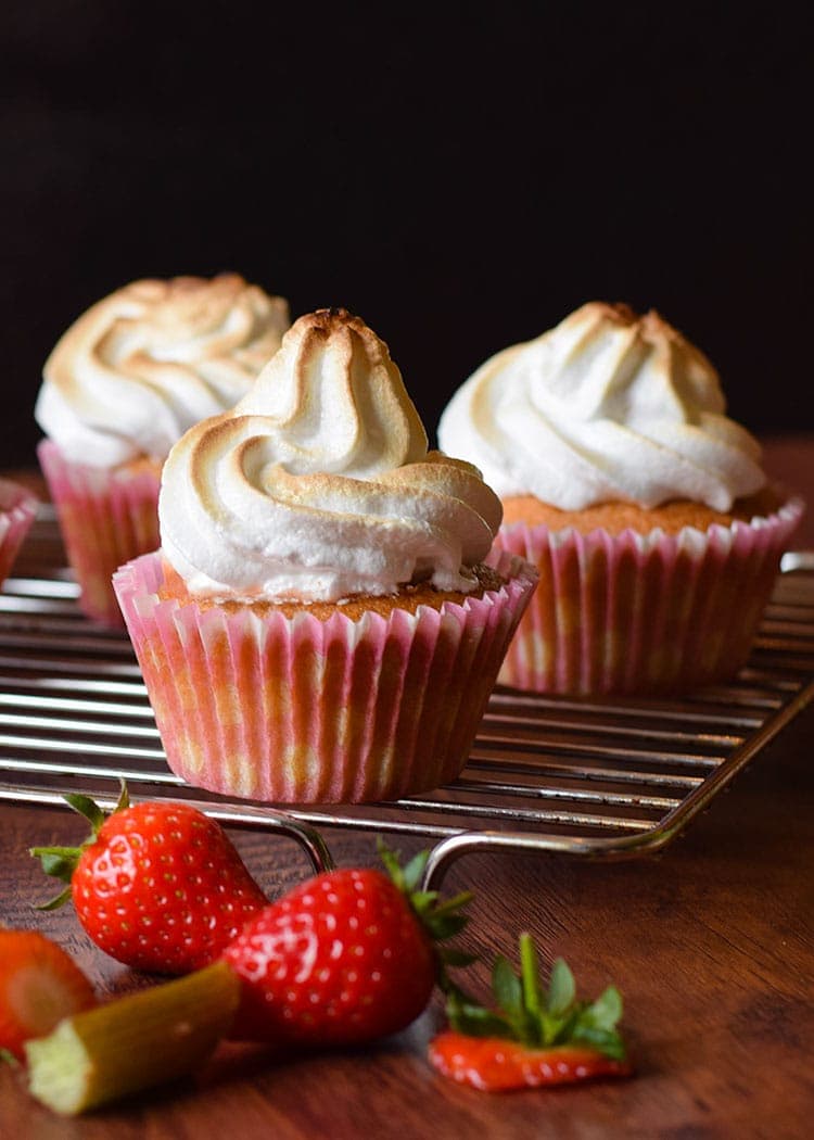Rhubarb and Strawberry Meringue Cupcakes