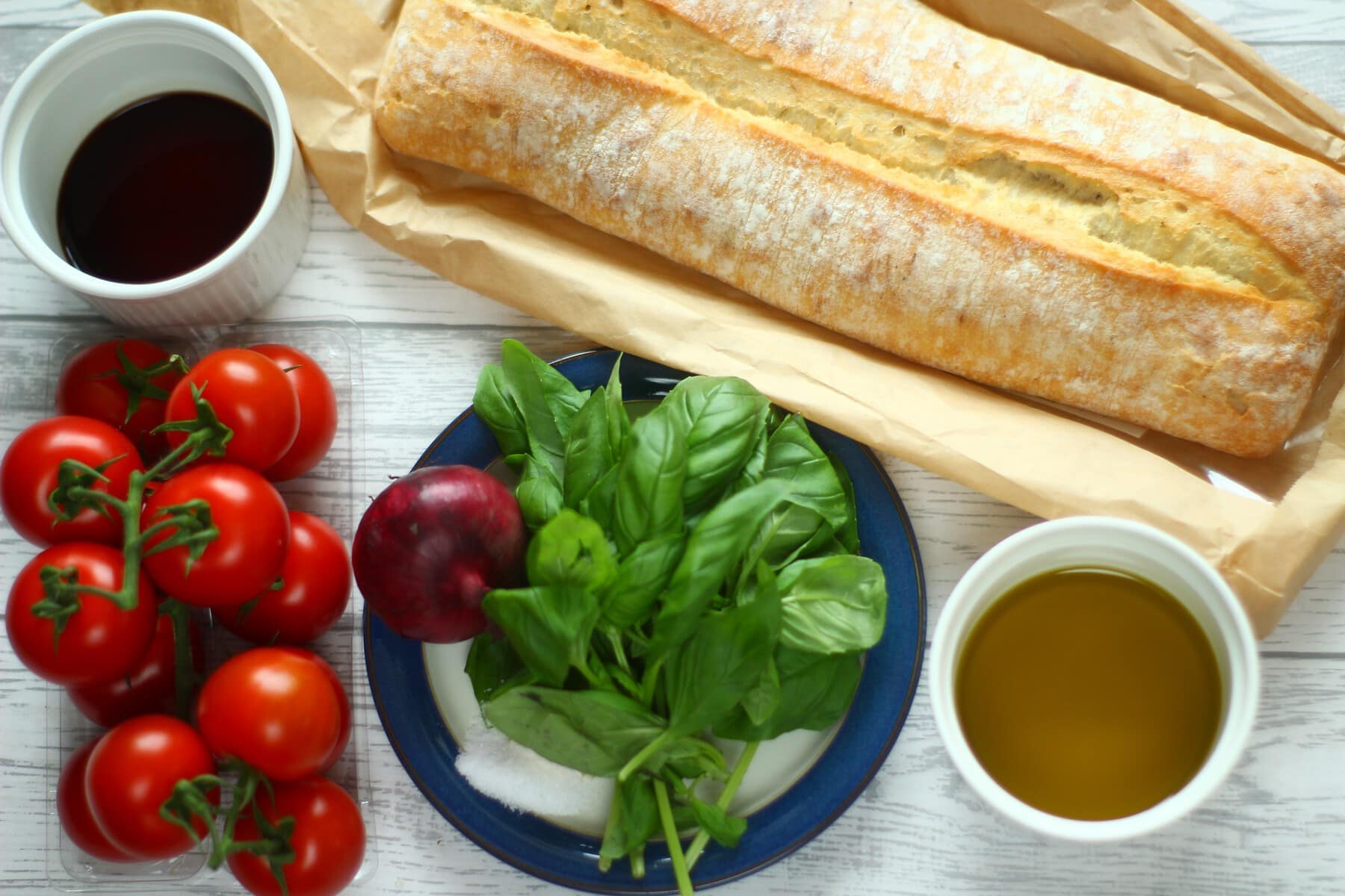 ciabatta, basil, garlic, salt, tomatoes, olive oil, vinegar, red onion