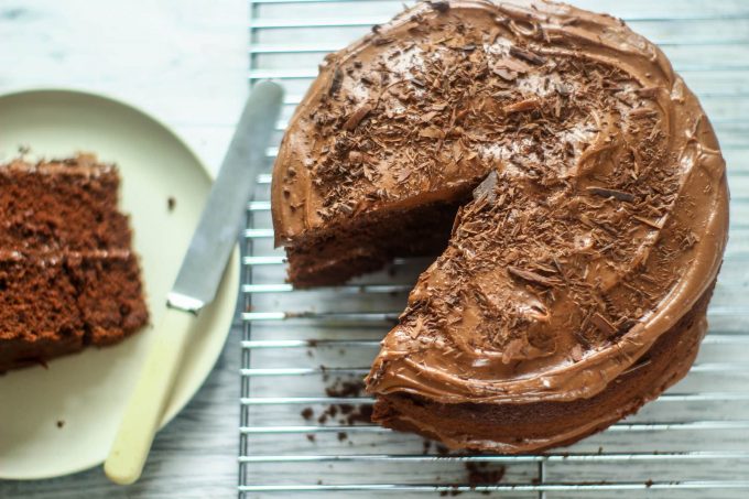easy chocolate cake slice on a plate