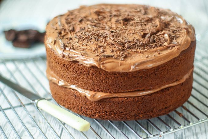 easy chocolate cake on a wire rack