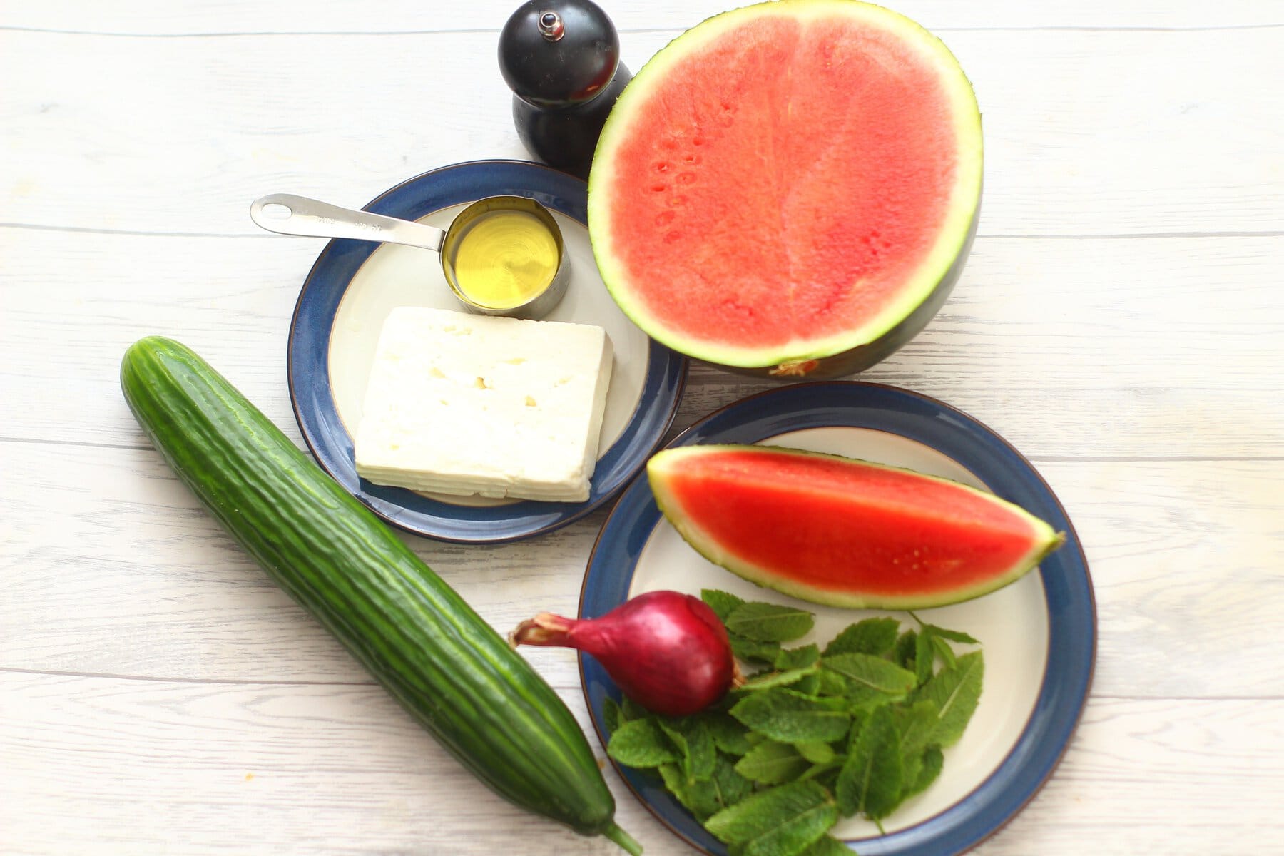 feta cheese, cucumber, red onion,mint, olive oil and water melon