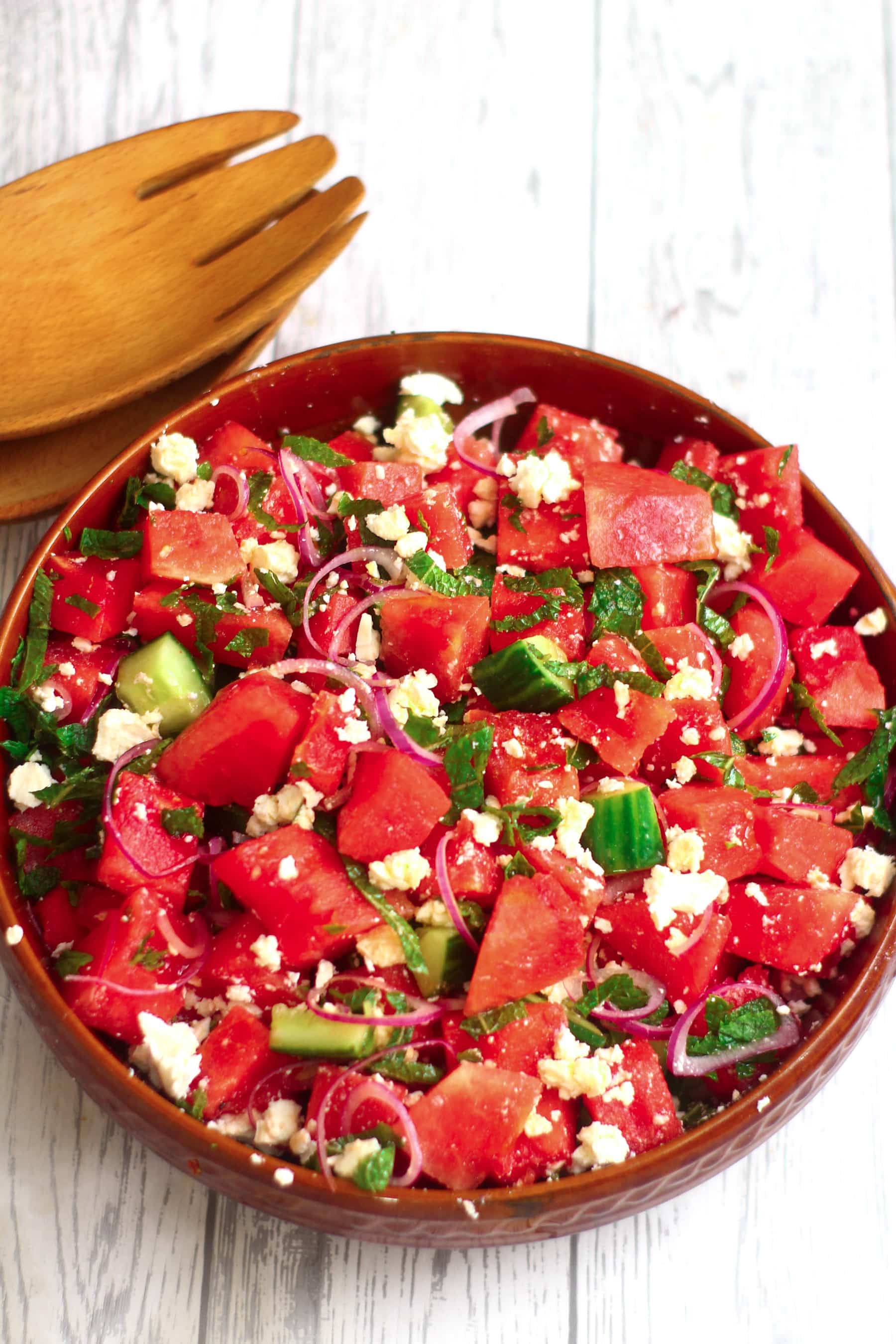 watermelon and feta salad in a bowl