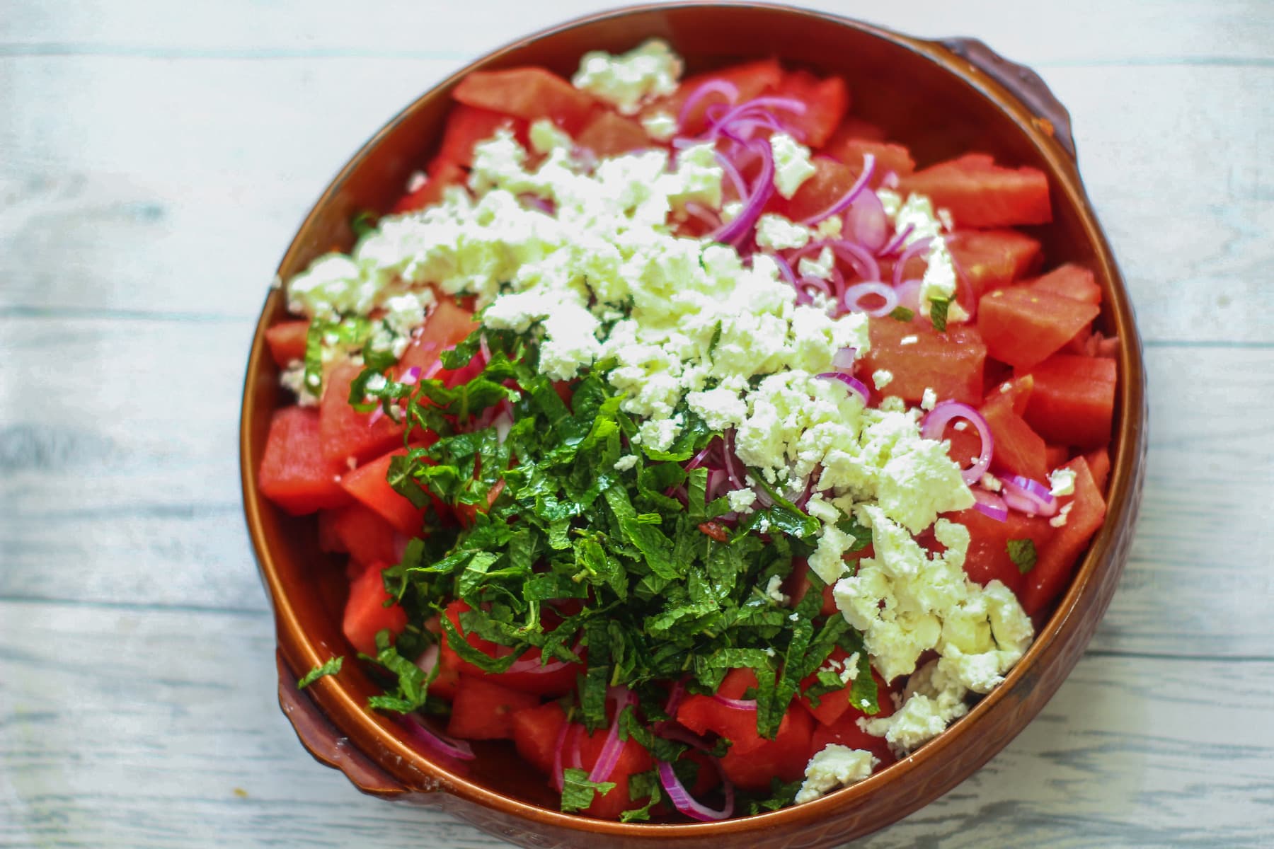 watermelon and feta salad ready to mix