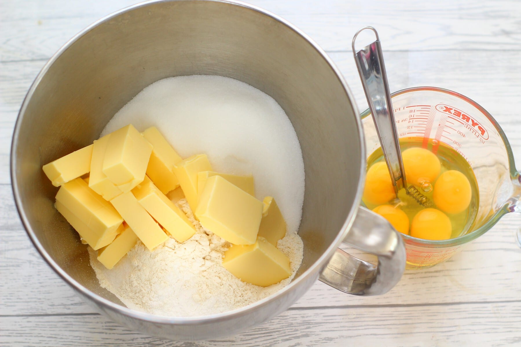 butter, flour, sugar, oil, baking powder, salt, vanilla extract, eggs
