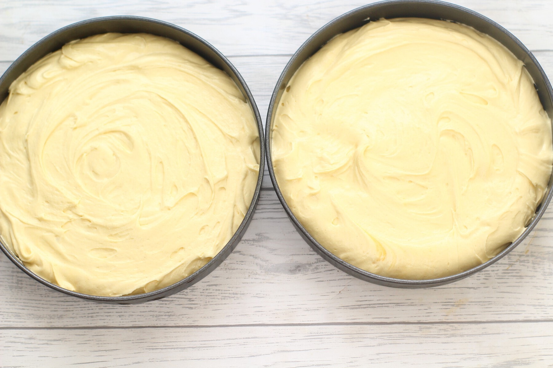 cake batter in cake tins