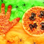 halloween pizza ideas. olive spiders and pizza monster hand