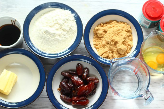 bowls of eggs, brown sugar, flour, water, golden syrup and black treacle, butter, baking powder and bicarbonate of soda