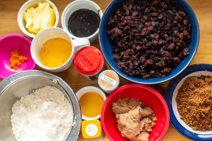 flour, brown sugar, dried fruit, orange zest, baking powder, brandy, eggs, black treacle, cinnamon, mixed spice, butter and chestnut puree
