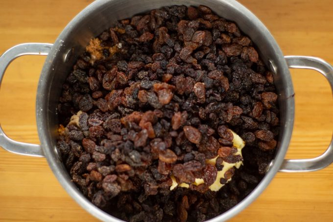 raisins, currants, butter,treacle, chestnut puree, spices and brown sugar in a saucepan