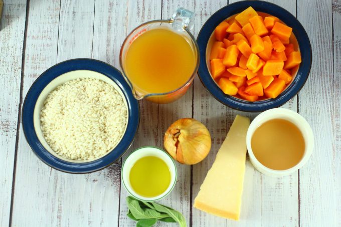 arborio rice, onion, parmesan cheese, butternut squash, sage, garlic oil, chicken stock and white wine ingredients for slow cooker butternut squash risotto
