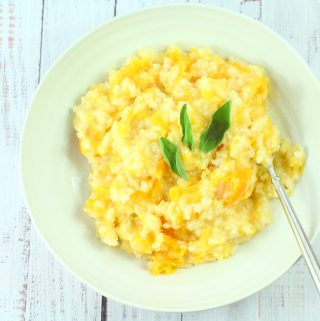 slow cooker butternut squash risotto in a bowl with a spoon