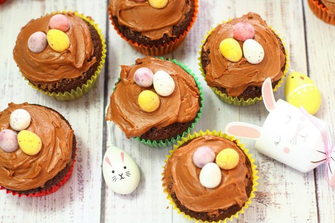 easter chocolate cupcakes with mini eggs on top
