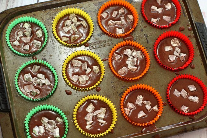 easter chocolate cupcake batter in paper cases