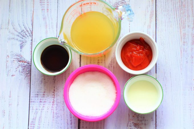 tomato ketchup,sugar,soy sauce,rice vinegar,cornflour and pineapple juice