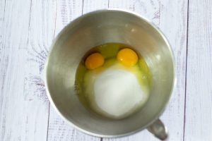 eggs and sugar in a mixing bowl