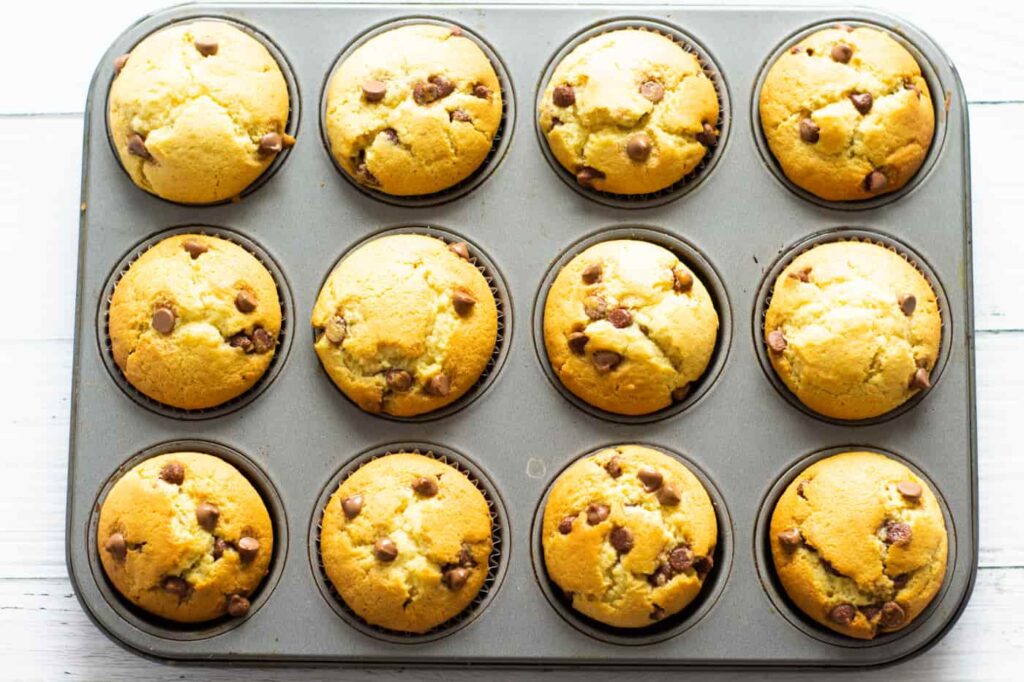 baked chocolate chip muffins in a 12 hole metal muffin tray
