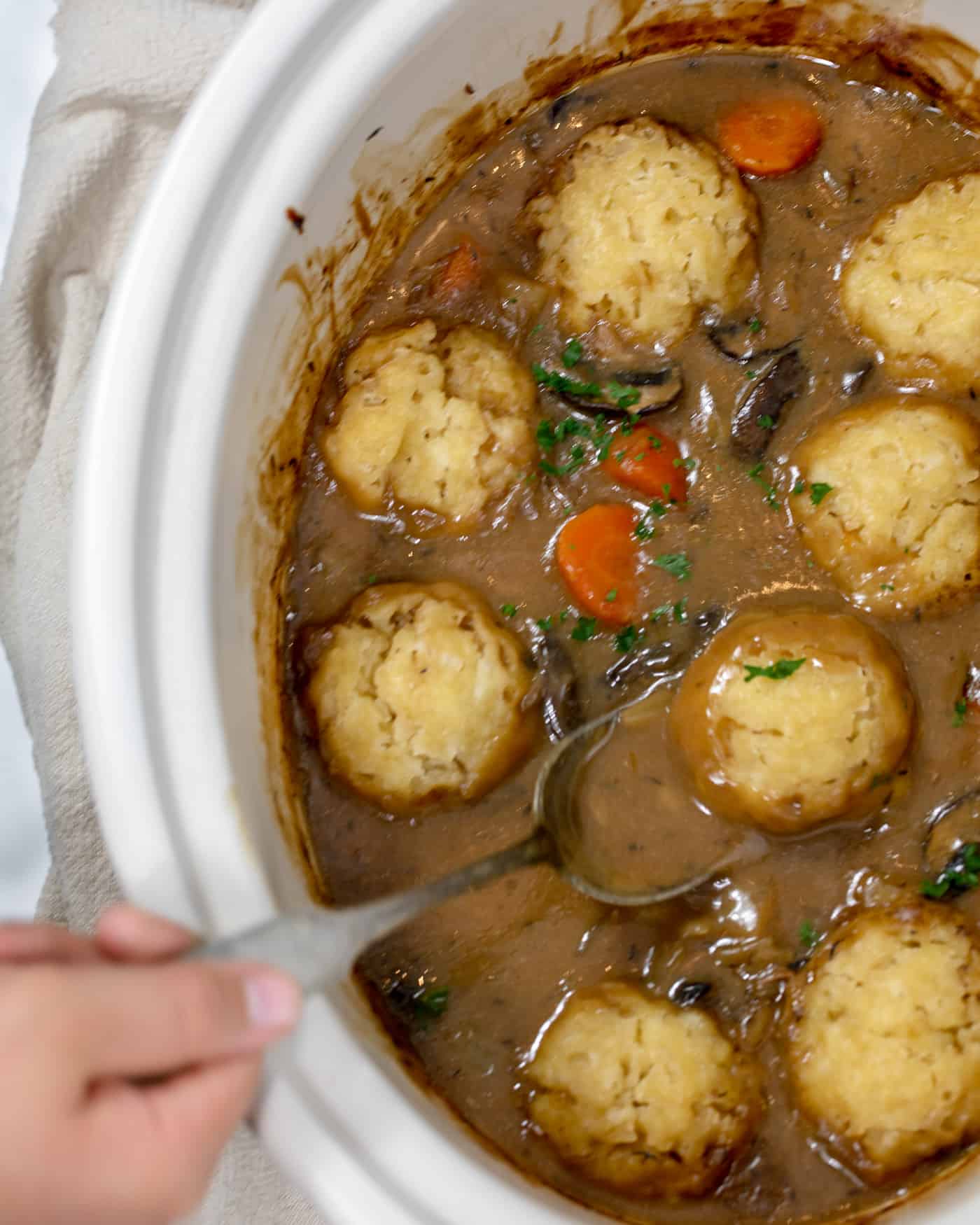slow cooker beef stew with dumplings in a cream slow cooker pot a hnd holds the serving spoon out of the gravy with a dumpling balanced on it
