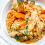 turkey casserole on a ladle with chunks of carrots, onions, celery and turkey with gravy.